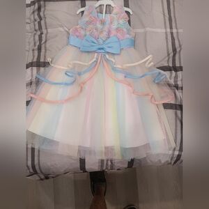 Pastel Rainbow Floral Rosette Dress with Blue Lining